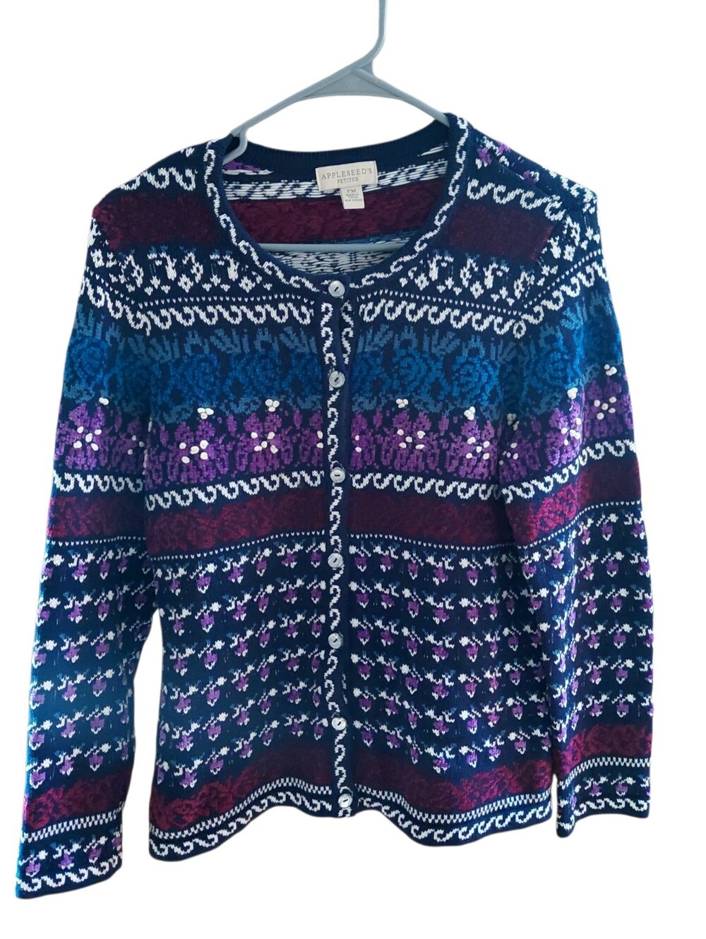 Appleseed's Petite Fair Isle Nordic Knitted CardiganSweater Blue/purple size PM